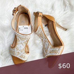 White and Beige Beaded Open Toe Heel
